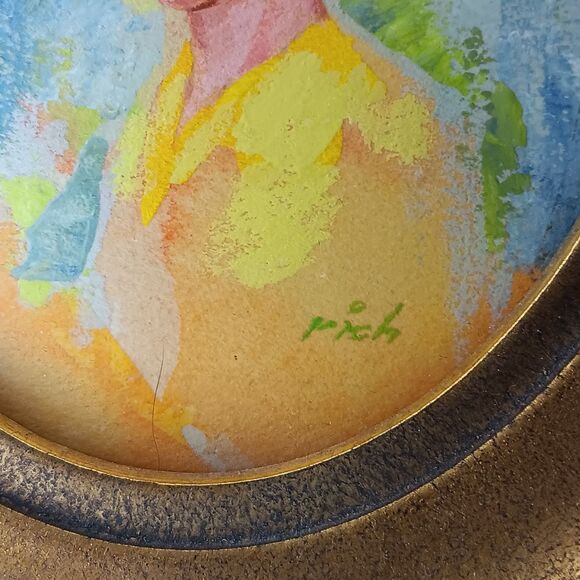 VTG 1963 Miniature Portrait Of Woman In Yellow Dress Blue Background Gold Frame - Picture 9 of 13